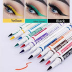 Miss Demi colorful liquid eyeliners arranged in a row, featuring multiple vibrant shades including red, green, blue, orange, purple, brown, pink, yellow, and black.