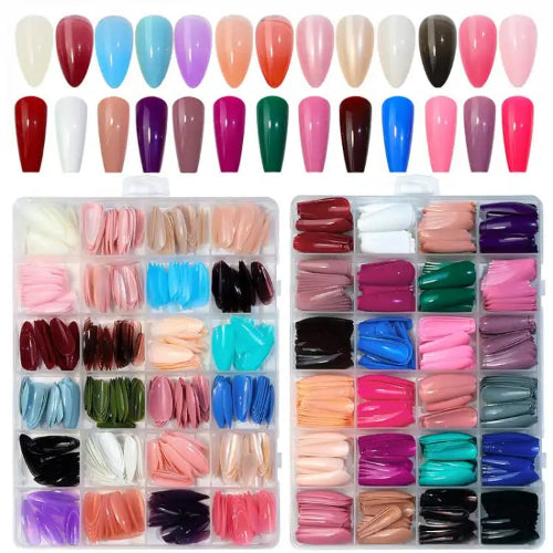 24-color full cover press on nail tips set with assorted artificial nails neatly organized in storage boxes for DIY nail art.