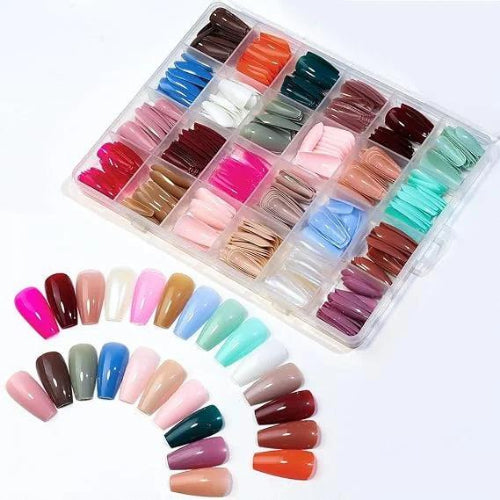 24-color full cover press on nail tips set with assorted artificial nails neatly organized in storage boxes for DIY nail art.