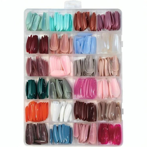 24-color full cover press on nail tips set with assorted artificial nails neatly organized in storage boxes for DIY nail art.