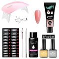 8-in-1 poly gel nail extension kit with UV LED lamp, poly gel, nail forms, base coat, top coat, slip solution, and nail tools for DIY manicures.