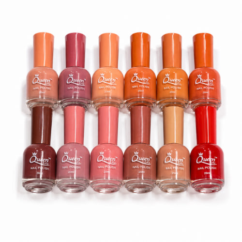 Queen Nail Polish Set featuring 12 long-lasting glossy nail polish shades in nude, pink, brown, orange, and red colors.