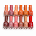 Queen Nail Polish Set featuring 12 long-lasting glossy nail polish shades in nude, pink, brown, orange, and red colors.