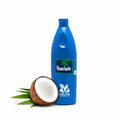 Parachute 100% Pure Coconut Oil bottle with fresh coconut, natural hair and skin care oil.