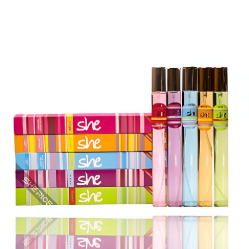 Colorful She pocket perfume collection featuring mini long-lasting fragrance bottles and matching perfume boxes in assorted scents.