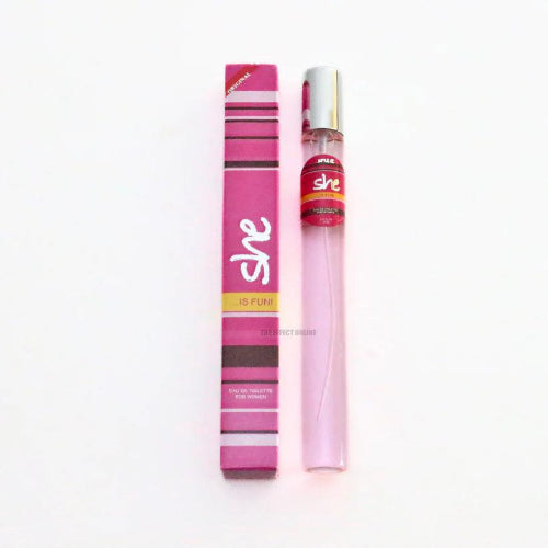 Colorful She pocket perfume collection featuring mini long-lasting fragrance bottles and matching perfume boxes in assorted scents.