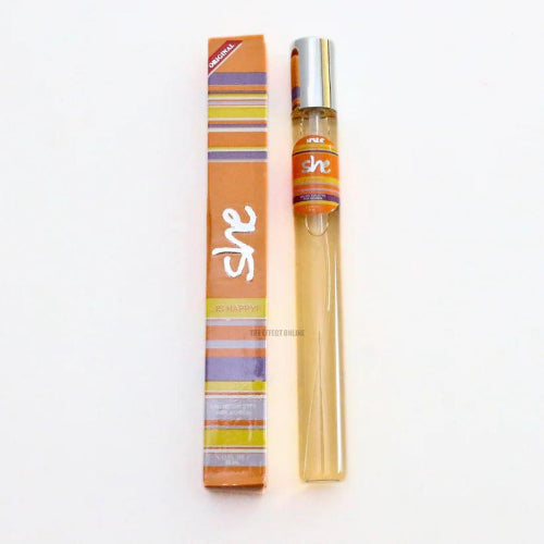 Colorful She pocket perfume collection featuring mini long-lasting fragrance bottles and matching perfume boxes in assorted scents.