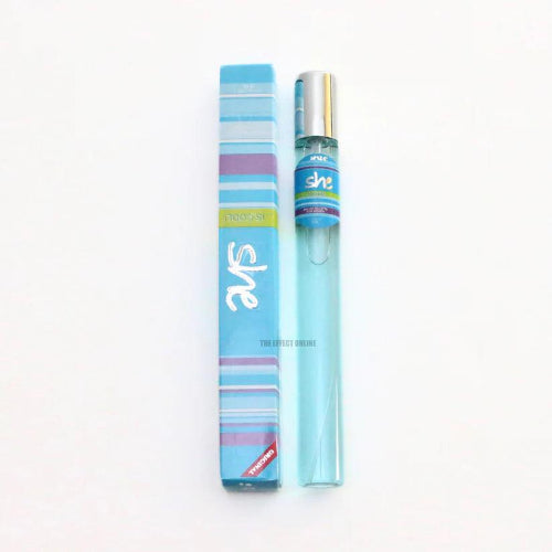 Colorful She pocket perfume collection featuring mini long-lasting fragrance bottles and matching perfume boxes in assorted scents.