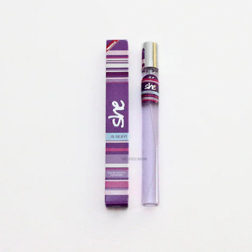 Colorful She pocket perfume collection featuring mini long-lasting fragrance bottles and matching perfume boxes in assorted scents.