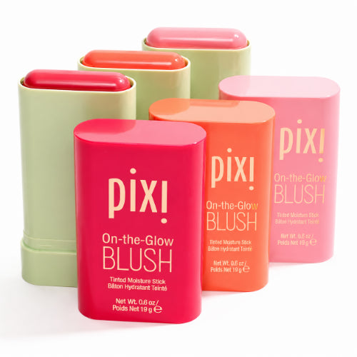 Pixi On-the-Glow Blush tinted moisture blush sticks in pink, coral, and rosy shades on a white background.