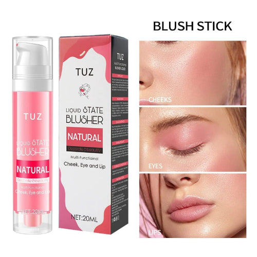 Pink liquid blush and lip tint with applicator, shown with a rosy pink swatch on the hand.