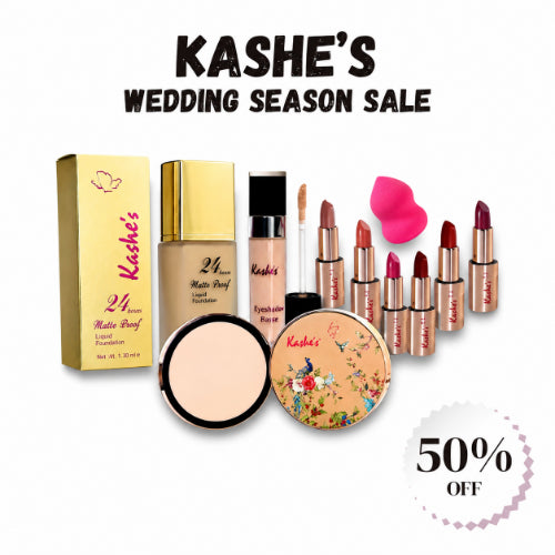 Kashe’s Wedding Season Sale featuring liquid foundation, makeup base, face powders, beauty sponge, and a variety of lipstick shades with a 50% OFF offer on a clean white background.
